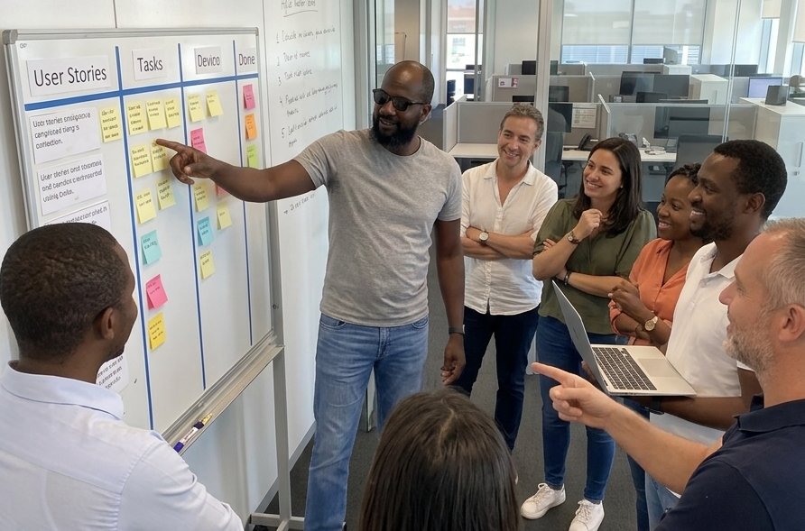 Équipe réunie autour d’un tableau de travail collaboratif
